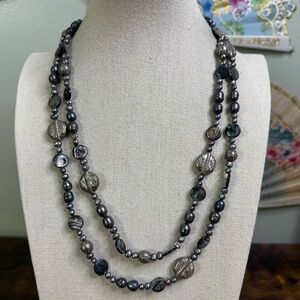 Genuine Black Freshwater Pearl and Silver Tone Bead Necklace 47 Inch